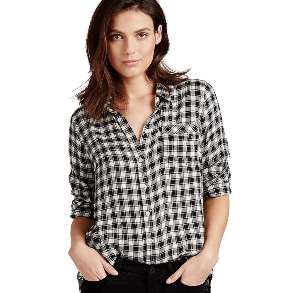 Lucky Brand  Women's M Boyfriend Fit B&W‎ Plaid Twill Flannel Shirt